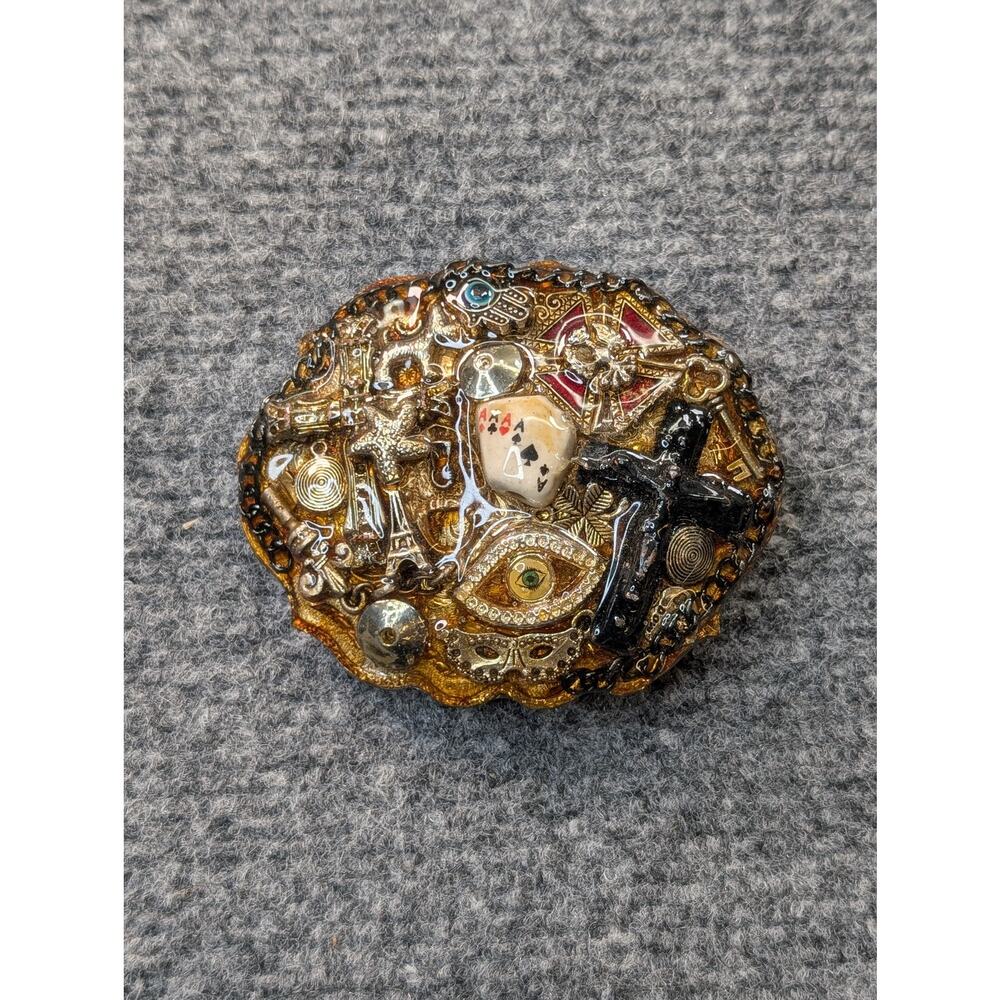 Vintage Artisan Belt Buckle Mixed Media Cross Eye Playing Cards Paris‎ Mask Rare